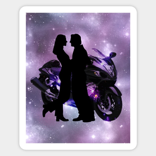 Motorcycle couple in purple Sticker by allthumbs